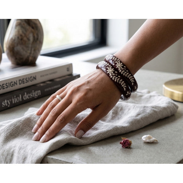 Elegant Scarlet Lac Bangles | Floral Inlay Bangle Set